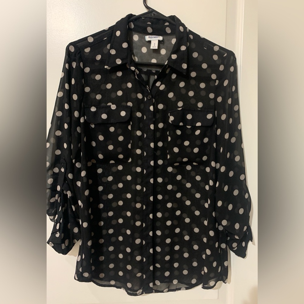 Old Navy Sheer Black Blouse with White Polka Dots, P2P 21”